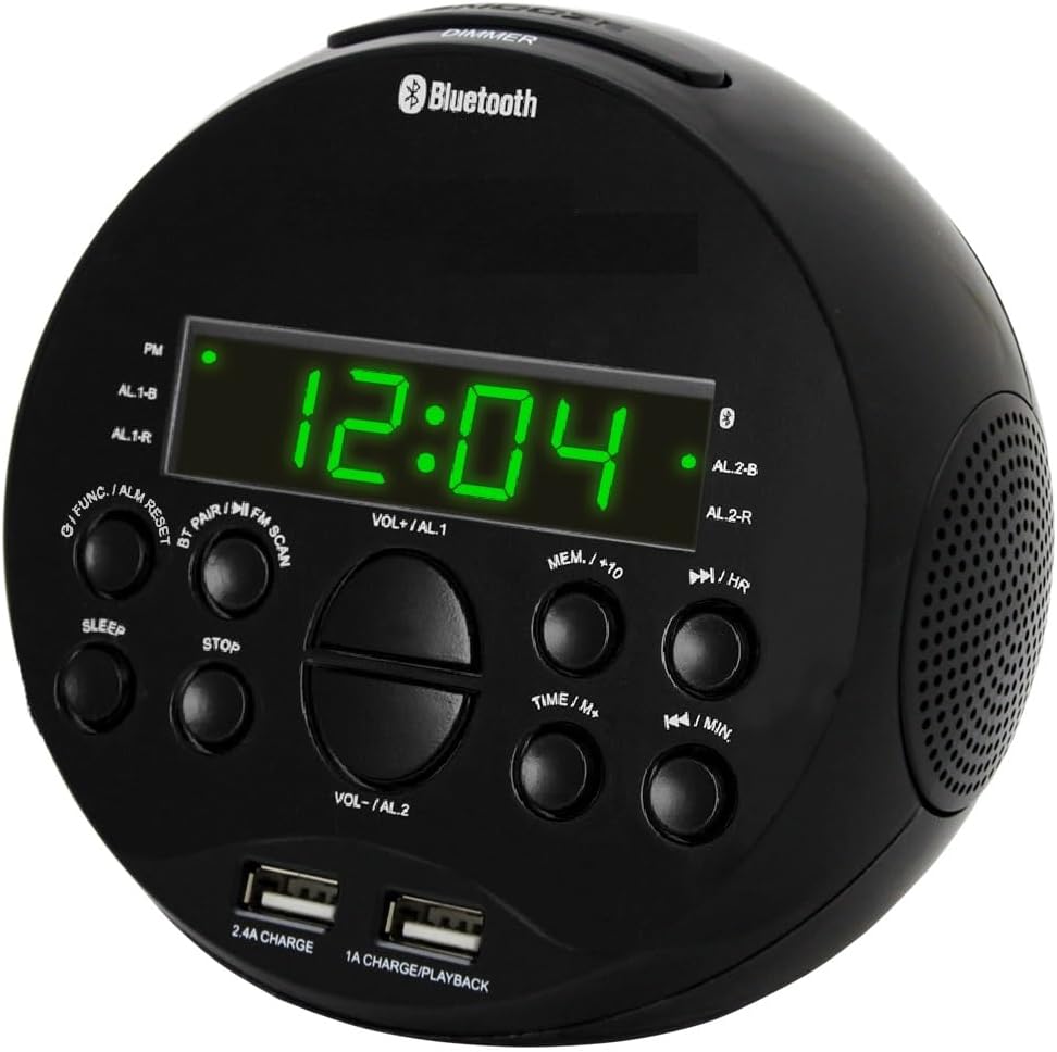 HANNLOMAX HX-129CR Alarm Clock Radio, Bluetooth, USB Charger/MP3 (Black) | FM Radio, Digital Clock, Dual Alarm, 0.6” Green LED Display, USB Ports for 2.4A/2.1A Charging and MP3 Playback