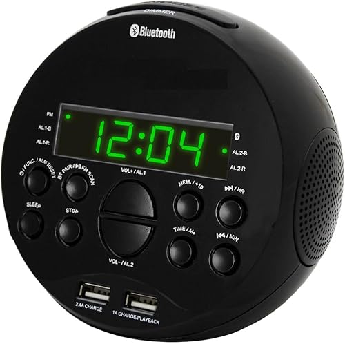HANNLOMAX Radio despertador HX-129CR. Radio FM PLL, pantalla LED verde de 0.6 pulgadas, Bluetooth, puertos USB para carga de 2.4A y 1A/reproducción