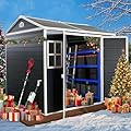 Jaxenor 8x6 FT Resin Storage Sheds Outdoor with Floor Included, Plastic Sheds & Outdoor Storage Clearance with 2 Windows and Lockable Door, Backyard Storage Sheds for Garden Tools, Bike