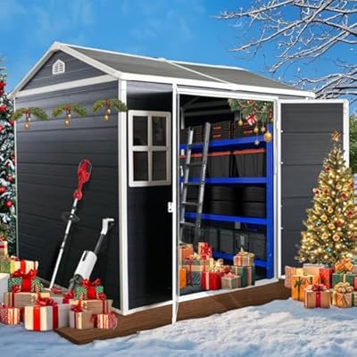 Jaxenor 8x6 FT Resin Storage Sheds Outdoor with Floor Included, Plastic Sheds & Outdoor Storage Clearance with 2 Windows and Lockable Door, Backyard Storage Sheds for Garden Tools, Bike