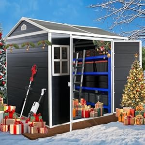 8×6 FT Resin Storage Sheds Outdoor with Floor Included Plastic Sheds Outdoor Storage Clearance with 2 Windows and Lockable Door Backyard Storage Sheds for Garden Tools Bike