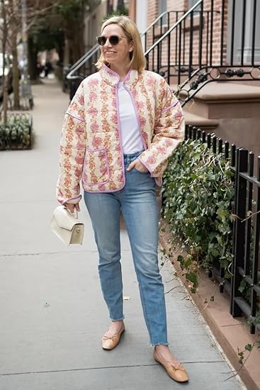 VAOYIU Women's Loose Retro Striped Quilted Jacket Stand Collar Cropped Puffer Outerwear Vintage Coat with Contrast Trim - Image 5