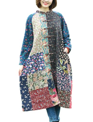 Women's Trench Coat Cotton Linen Floral Print Jacket Chinese Style Patchwork Outwear3
