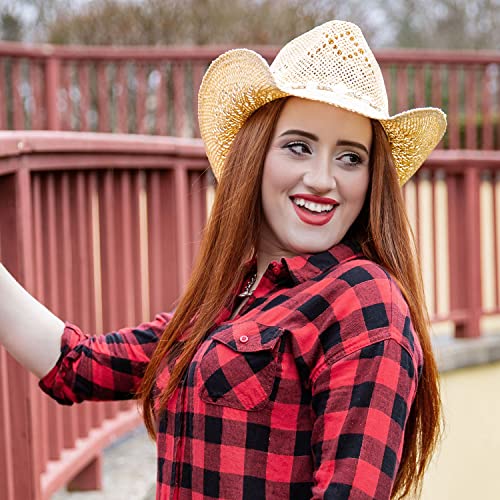 Tovoso Western Cowgirl, Straw Cowboy Hat For Women With Shapeable Brim, Beaded Hearts Trim, Beige #TOP6