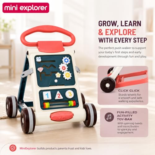 Image of MiniExplorer Baby Activity Walker for 6-15 Months, Foldable Push Walker for Babies, Toddler Learning Walker with Activity Panel, Walker for Boys & Girls, Anti-Slip Wheels & Interactive Toys - Beige