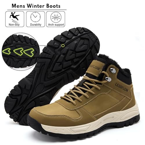 Mens Winter Snow Boots Anti Slip Hiking Shoe Warm Fur Lined Work Walking Ankle Shoes Leather Casual Lightweight Outdoor Cold Weather Brown 11.53