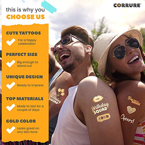 Corrure 48Pcs Birthday Tattoos - Gold Temporary Tattoos Metallic For Women And Men - Happy Birthday Squad Tattoos For Girls, 18Th 21St 25Th 30Th Or Any Adult Bday - 11 Flash Party Tattoos #TOP1