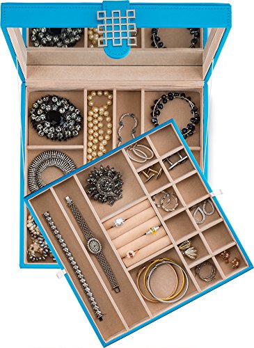 Glenor Co Jewelry Box - 28 Section Classic Organizer with Modern Buckle Closure, Large Mirror & 2 Trays for Women Teens and Girls - Holder for Earring Ring Necklace Bracelet & Watch -PU Leather - Blue - Thumbnail 6