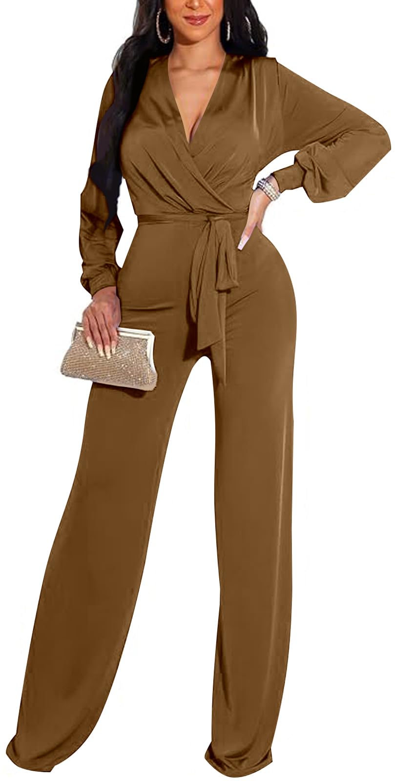 shengfan Formal Jumpsuits for Women Dressy Evening Sexy Deep V Neck Plus Size Long Wide Leg Pants Rompers Clubwear