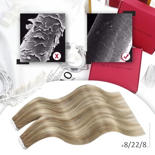 Moresoo Tape in Hair Extensions Human Hair 18 Inch Balayage Light Brown with Medium Blonde Human Hair Tape in Extensions Real Hair Remy Silky Soft Straight Hair 20pcs/50g #8/22/8 - Image 2