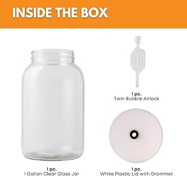 FastRack 1 Gallon Wide Mouth Glass Jar with Airtight Lid & Twin Bubble Airlock Large Glass Jar with Lid for Fermentation, Pickling, Brewing, Canning & Storage
