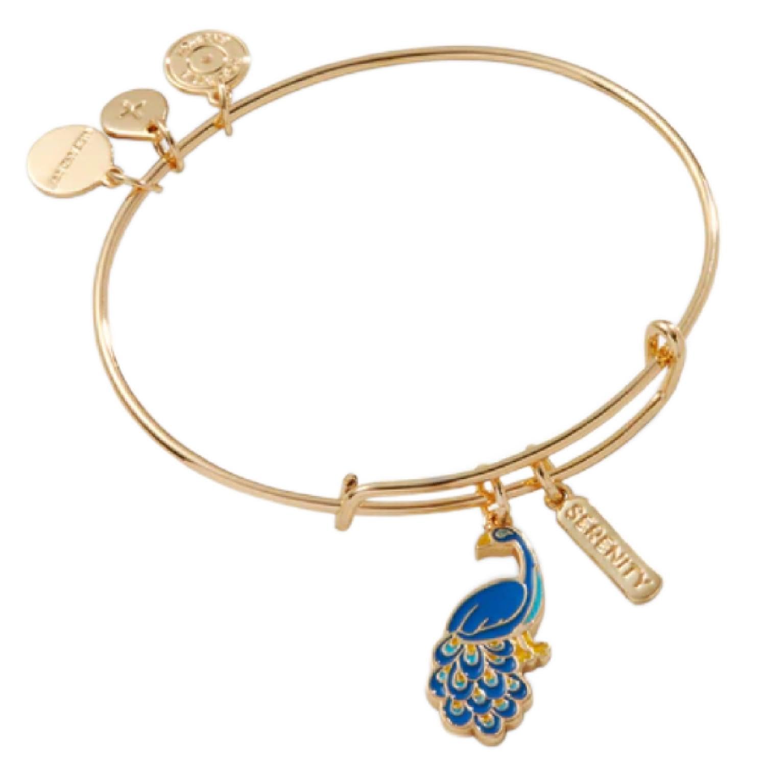 Alex and AniSerenity Peacock Duo Charm Bangle Bracelet, Shiny Gold Finish, 2 to 3.5 in
