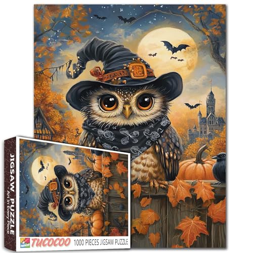 Cute Owl Halloween Theme 1000 Piece Jigsaw Puzzle for Adults Students Autumn Leaves Pumpkin Haunted Castle Moon Bats Crows Fantasy Art 20×27 Inches Fall Puzzles Decorative Gift for Relaxation