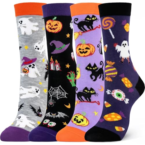 Dsia Zamur 4 Pack Kids Halloween Socks Novelty Horror Spooky Pumpkin Cat Ghosts Stocking Gift Set for Boys Girls 4-7 Years