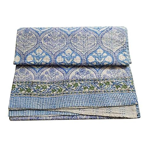thehandicraftworld Quilted Throw Blanket - Indian Handmade Pure Cotton Kantha Quilt King Size Palm Tree Print Bedspread - 90x108 Inches Cover
