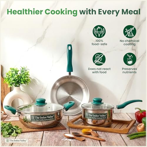 Image of The Indus Valley Stainless Steel Impact Bonded Bottom Cookware Set of 5 | Kadai 22cm with Glass Lid + Fry Pan 22cm + Saucepan 16cm with Glass Lid | Green Handles | Induction Compatible