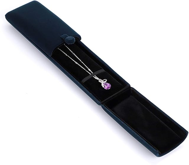 MDLUU Velvet Necklace Box, Double Open Long Chain Case 22.5cm, Rectangle Pendant Display Organiser for Gift, Birthday, Valentine's Day (Navy Blue)