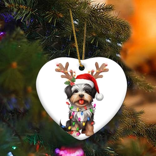 Biewer Terrier mit Geweih Christbaumschmuck Hund Rasse Hund Kind Tier Herz Porzellan Anhänger Keramik Porzellan Hängende Weihnachtskugel Geschenk für Xmas Party Dekorationen