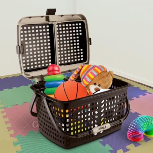 Image of FLAIR Dual Compartment Storage Basket Set of 3 - Sturdy Plastic Organizer with Handles & Lid | Plastic Multipurpose Trendy Shopping Big Basket | Ideal for Kitchen, Bathroom, Laundry & Toys (Brown)