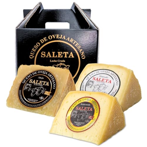 SALETA® Cesta Quesos Gourmet Regalo | Queso Oveja de La Mancha | 3 Cuñas Queso Semicurado, Añejo y Ahumado | Surtido de quesos para regalar 'Pack Be Cheese' 750gr