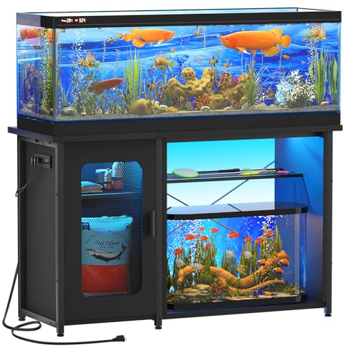 55-75 Gallon Fish Tank Stand with Power Outlets & LED Light, Reversible Heavy Duty Metal Aquarium Stand with Cabinet for Fish Tank Accessories Storage, Turtle/Reptile Terrariums, Black