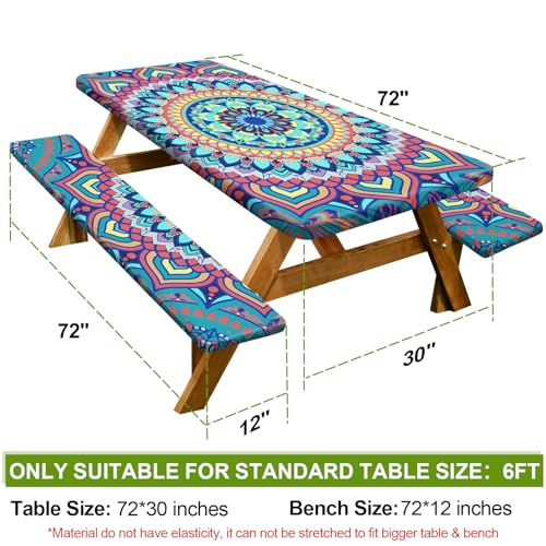 Image of Picnic Table Cover with Bench Covers 6FT 3 Pcs Waterproof Windproof Aesthetic Camping Tablecloth with Drawstring Bag, Fitted for 6 Foot Rectangle Tables and Seats, 72 inch, Yellow Blue Orange