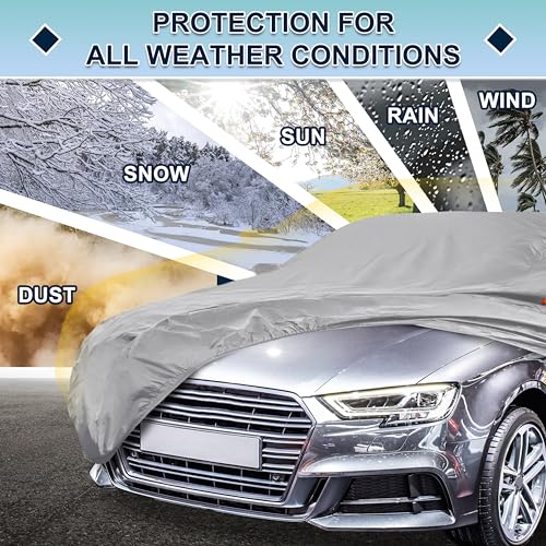 Image of Silver Tone Heavy Duty Waterproof Car Cover for Sedan 179 inch-185 inch - All-Weather UV Protected Outdoor Full Exterior Cover with Sun /Snow /Rain Resistance