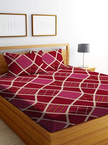 Image of DECORUM Glace Cotton Fitted 1 Bedsheet King Size (72 inchx78 inch) | All Around Elastic | Cotton Feel | 2 Pillow Covers (17 inchx27 inch) | Fits Up to 8 inch Mattress | 200-220 TC | Printed Double Bed Sheet Set