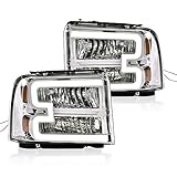 CNNELL Headlight Assembly with LED DRL Bar Compatible with 2005 2006 2007 Ford F250 F350 F450 F550 SuperDuty Headlamp(Clear lens Chrome Housing Amber Reflector)