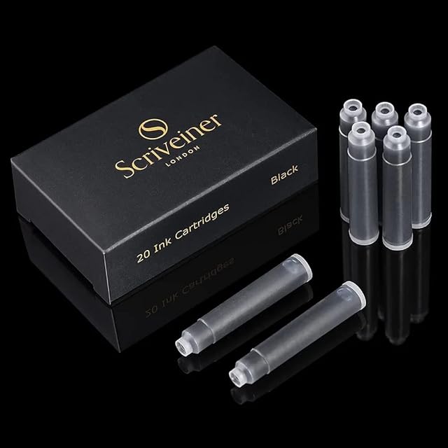 Scriveiner Fountain Pen Ink Cartridges - Black - 20 Standard International Ink Cartridges, Made in UK, The Best Cartridge for Your Scriveiner Pen, Refill Size Fits A Wide Range of Fountain Pens