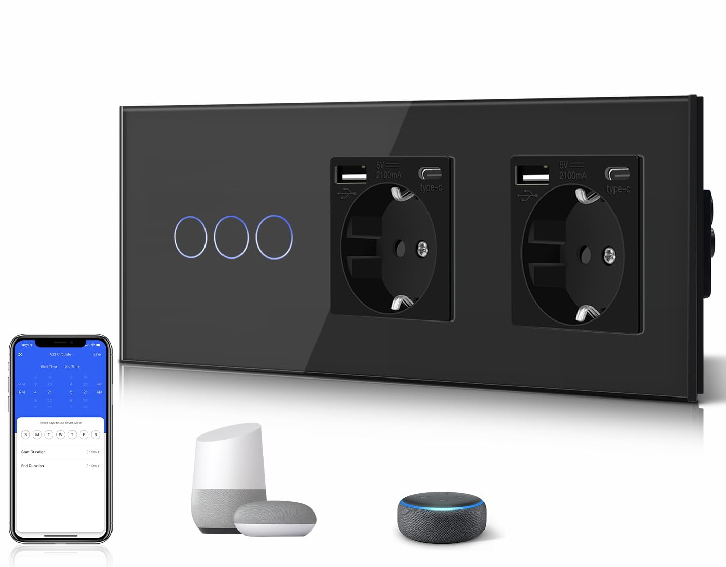 BSEED BSEED 3 Gang 1 Vía Interruptor de Luz Táctil Inteligente WIFI con Doble Schuko Tipo C y USB Enchufe Estándar, Compatible con Alexa/Tuya/Smart Life (Requiere Cable Neutro) Negro