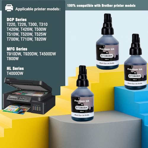Image of KOSH BTD60 BT5000 Refill Ink Compatible for Brother DCP-T300 T310W T500W T520W T220 T700W T420W T425W T426W T428W T720DW T725DW T820DW T810W T910DW T920DW Printers (3, Black Pack of 3)