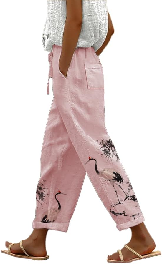 domirica Womens Boho Graphic Casual Pants Loose Fit Elastic Waist Cotton Trouser Cropped Summer Trendy Wide Leg Pants