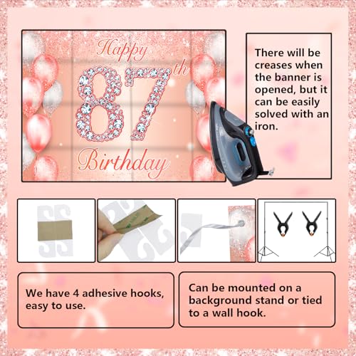 Image of Happy 87th Birthday Rose Gold Banner Cheers to 87 Years Old Backdrop Confetti Balloons Theme Decor for Women 87 Years Old Pink Birthday Party Decorations Bday Supplies Background Favors Gift Glitter