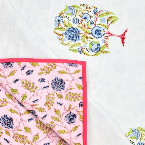 Image of BLOCKS OF INDIA Hand Block Printed Cotton Single Size Reversible Malmal Dohar for Summer (Pink Tree of Life)