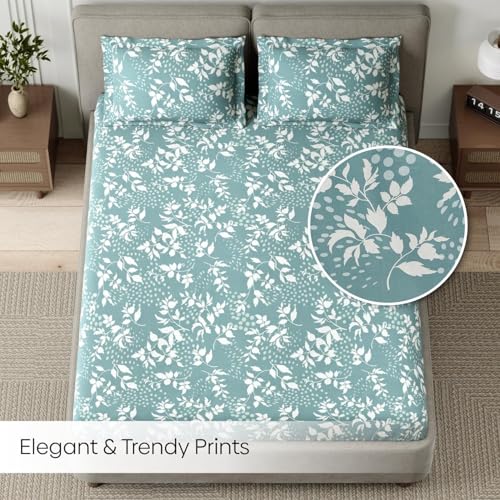 Image of Haus & kinder Double Bedsheet for Queen Size Bed | 90 x 100 Inches 144 TC Cotton Bedsheet for Double Bed with 2 Pillow Covers - Green Foliage