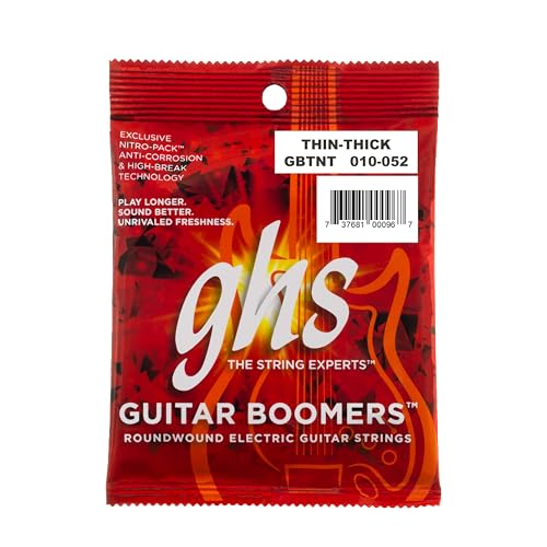Image of GHS Strings, GBTNT Boomers, Nickel Plated Steel Electric Guitar Strings, Legendary Strength, Unrivaled Sustain, Long Lasting Brightness & Tone. For 6-String Guitar 10-52 Thin & Thick (TNT) Gauge