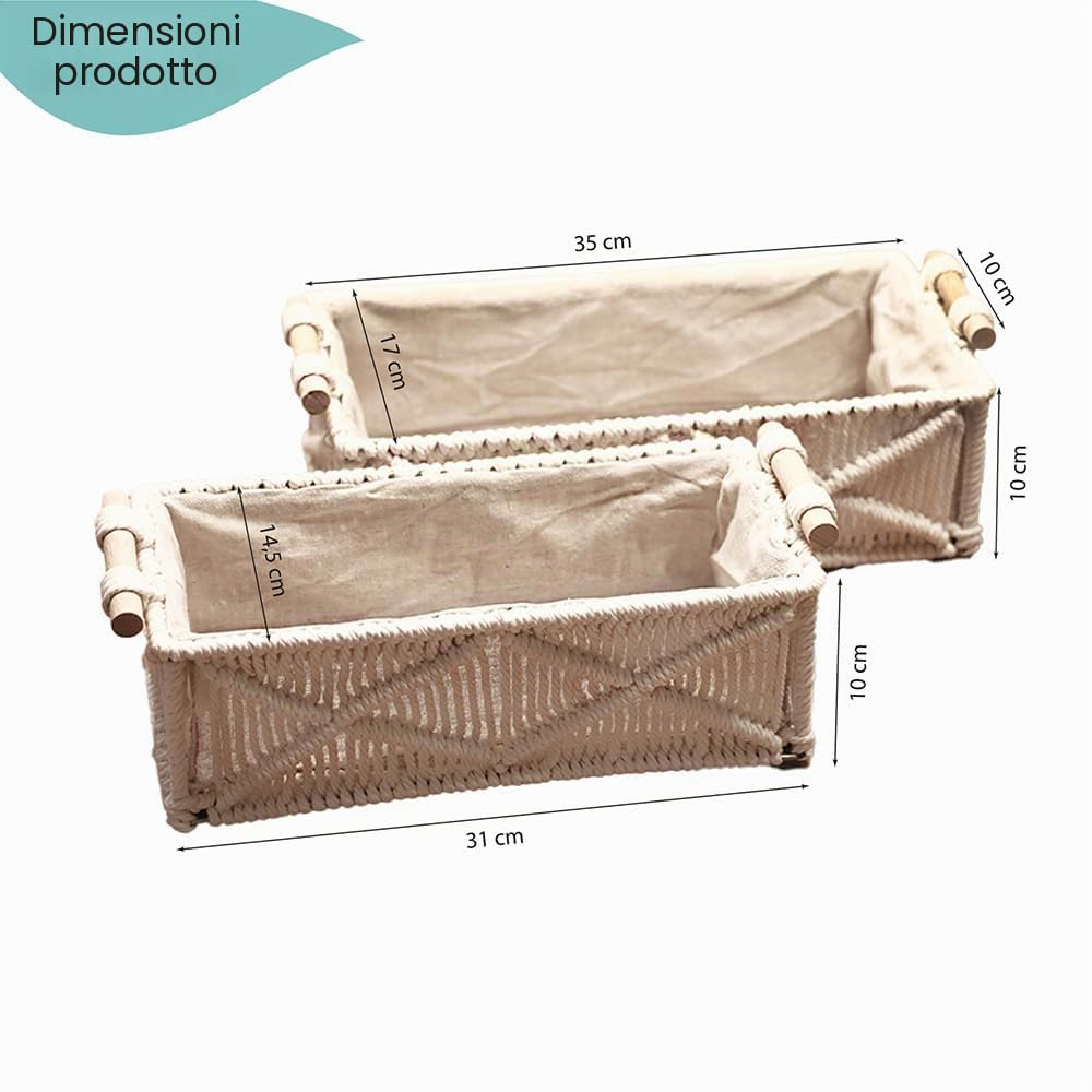 Cesto portaoggetti rettangolare, intrecciato, con inserto in tessuto, bianco, set da 2 pezzi