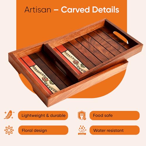 Image of AAKRITI ART CREATIONS Wooden Tray Set of 2 | Hand-painted Madhubani Floral Art Serving Trays | Wooden Trays & Platters with Handle | Acacia Wooden Trays For Kitchen | Multipurpose Home Decorative Serving Trays | Home & Kitchen Decoration Items | Trays For Dining Table & Kitchen Organizer
