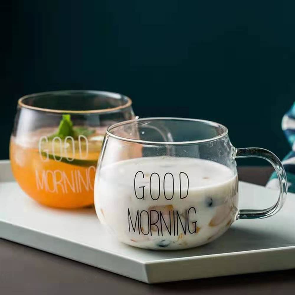 Dlmlemu 'Good Morning' Breakfast Cup with Spoon, Water Cup, Milk Cup, Yogurt Glass, Coffee Mug, Juice Cup, Milkshake Glass, Gift Cup for Birthday, Christmas, Family, Friends