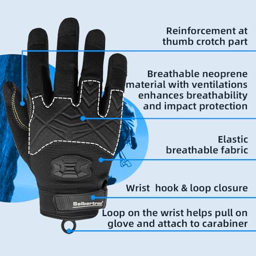 Seibertron Full Finger Padded Palm Lightweight Breathable Climbing Rope Gloves for Climbers, Rock Climbing, Rescue, Adventure, Sailing, Kayaking, Outdoor Sports Black L