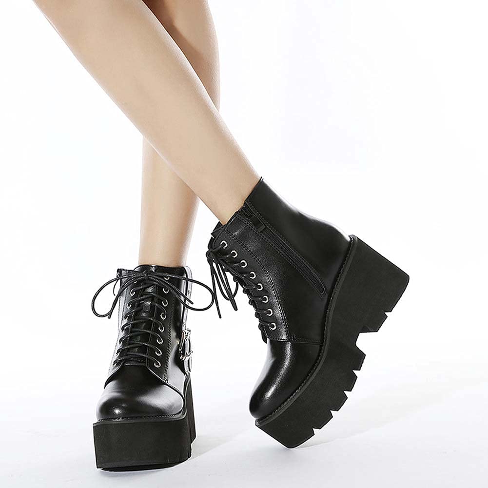Gótica Punk Botines con Cordones y Plataforma Botas Militares con Tacón Grueso para Mujer