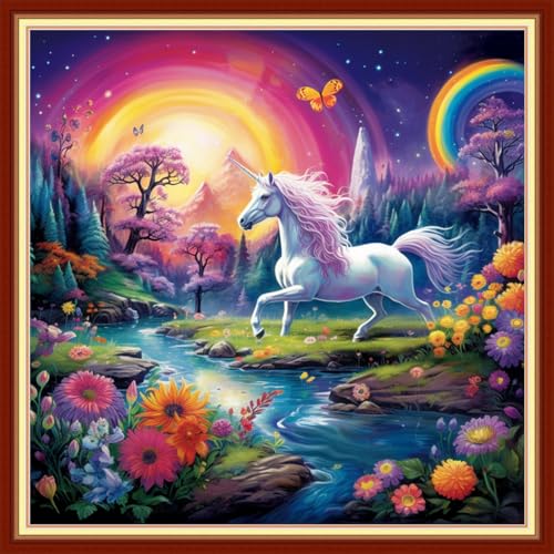 Image of Joyhoor Stamped Cross Stitch Kits for Beginners Needlepoint Kits for Adults Embroidery Kits 11CT Counted Cross Stitch Kits Printed Embroidery Pattern-Rainbow Unicorn 18x18 inchs