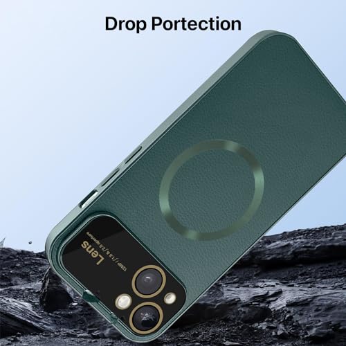 Image of Vaku Luxos Premium Polarized Leather Back Cover for iPhone 15 Plus Texture Full Lens Protection Silicon Case Scratch Resistant Slim Thin Compatible with Mag-Safe - Green