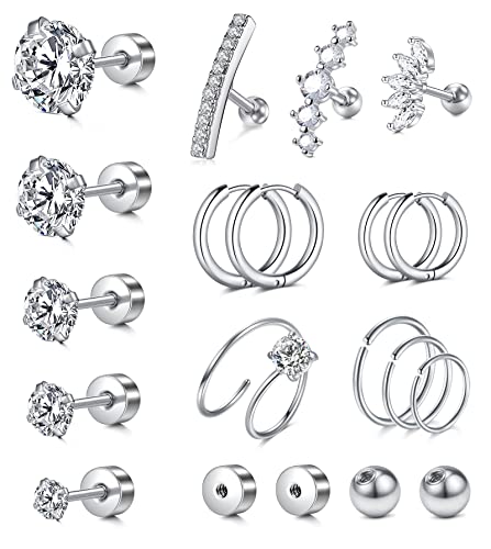 MODRSA 20g 16g Cartilage Earrings for Women Silver Gold Helix Piercing Jewelry Surgical Steel Hypoallergenic Flat Back Earrings Cartilage Hoop for Women Forward Helix Earring Tragus Jewelry Screw Back