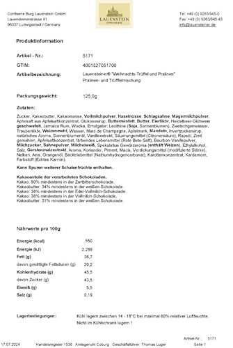 Lauensteiner Weihnachts-Auslese Trüffel und Pralinen 125g, 10 Pralinen, 8-fach sortiert mit Alkohol, Edle Geschenkidee zu Weihnachten aus handgemachten Praline