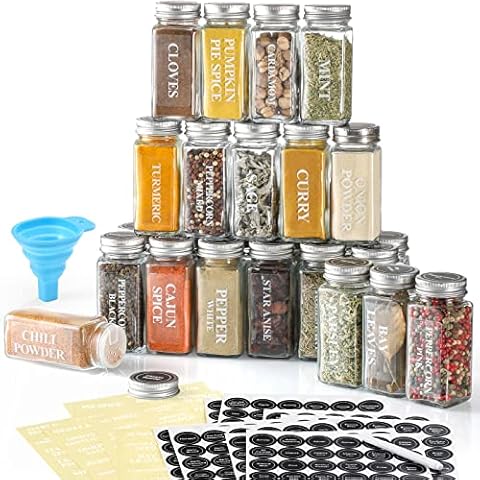 AOZITA 24 Pcs Glass Spice Jars with Labels - 4oz Empty Square Spice Bottles Containers, Condiment Pot, Shaker Lids and Airtight Metal Caps - Silicone Collapsible Funnel Cover