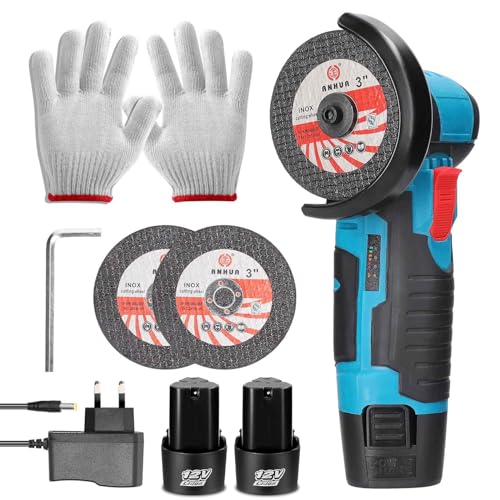 Reefuula Mini amoladora angular inalámbrica de 12 V, disco inalámbrico 19500 RPM con 2 x 2,0 Ah baterías, 2 discos de corte de 76 mm para cortar, eliminación de óxido
