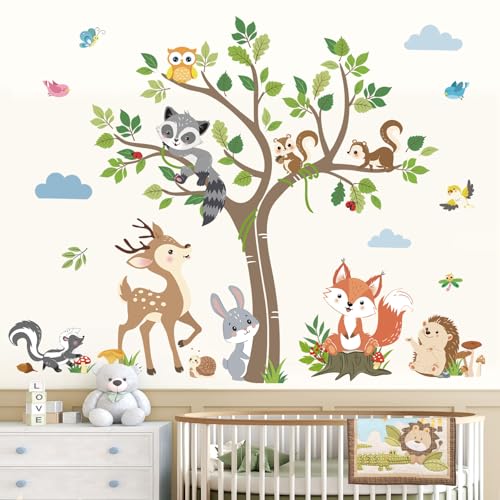 decalmile Stickers Muraux Enfant Animaux Forêt Arbre Autocollant Mural Cerf Renard Lapin Verte...