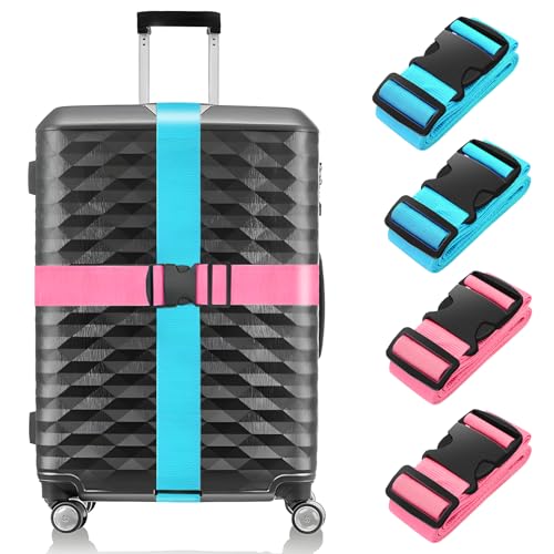 Image of BILIONE 4 Pack Luggage Straps 79 inch Long Belts Keep Suitcase Secure While Traveling, TSA Approved Add a Bag Premium Accessory for Travel Bag Closure (2PCS Blue + 2PCS Rose Pink)